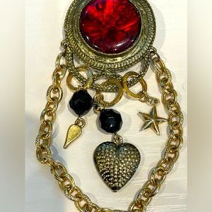Vintage Brooch Pin Red Gold Tone Heart Star Chains Beads Charms